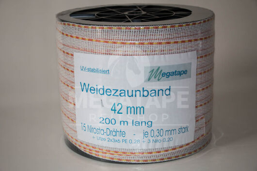 Weidezaunband - Megatape-Zaunband, Weiß , 42mm, 15 x 0,20 Niro, 200m, 1,27 Ohm/m